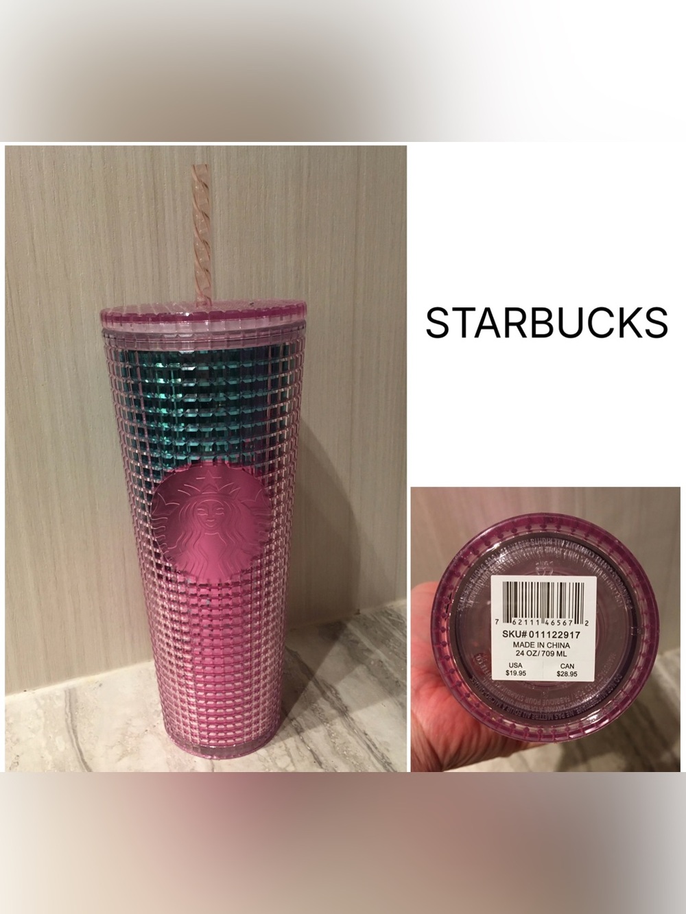 STARBUCKS - NWT - PINK / TEAL BLUE OMBRE SQUARE GRID 24OZ COLD CUP TUMBLER